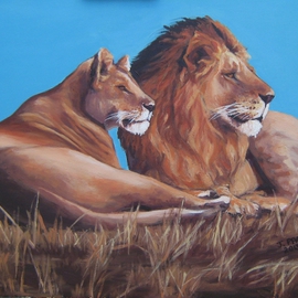 Janet Page Artwork Lioe and Lioness Resting, 2013 Oil Painting, Wildlife
