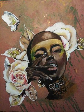 Janice Park: 'beauty', 2018 Acrylic Painting, Ethnic. African American woman with gold highlights around her eyes. Flowers and a butterfly frames her face....