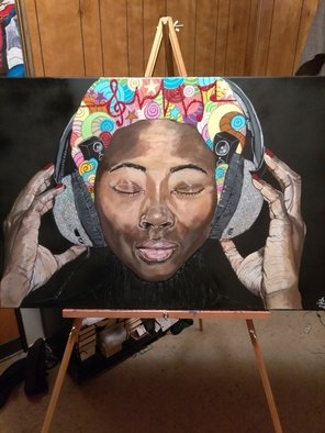 Janice Park: 'feel the rhythm', 2017 Acrylic Painting, Peace. African American woman wearing headphones. Her afro is painted in bright colors with designs. ...