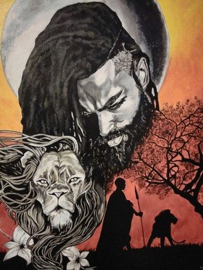 Janice Park: 'warriors path', 2018 Acrylic Painting, Representational. African American male and lion watching over a warrior...