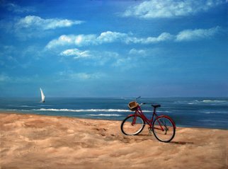 Janine Kilty: 'Tryst', 2010 Oil Painting, Seascape.  Image depicting bicycle on beach with sailboat on horizon      ...