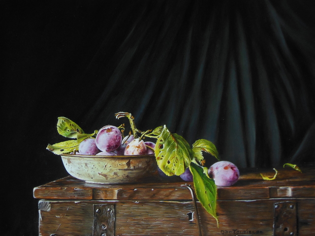 Artist Jan Teunissen. 'Plums In A Rusty Dish On A Box' Artwork Image, Created in 2018, Original Painting Oil. #art #artist
