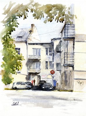 Jaroslaw Glod: 'Backyard', 2012 Watercolor, Cityscape. Artist Description:   watercolor, watercolour, cityscape, city, backyard, cars, peaople   restaurant,          ...
