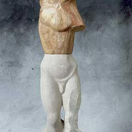 Jane Jaskevich: 'Kouros Revisited', 2003 Stone Sculpture, Figurative. Artist Description: This sculpture borrows from the Archaic Greek idea of the perfect male figure the kouros. I have added modern elements in the combining of different stones, the unfinished sides and the exposed edges. The sculpture is made of a limestone head, alabaster torso and limestone lower body and ...