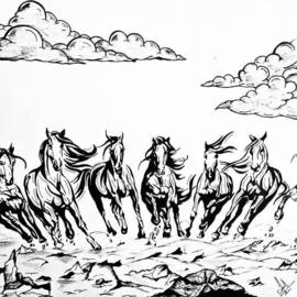 Jasleen Babra: '7 horses', 2020 Illustration, Animals. Artist Description: illustration artwork, sketching pen work, abstract...