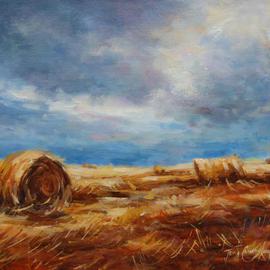 Jacinta Crowley_long: 'Prince of Bales', 2012 Oil Painting, Landscape. Artist Description:  Hay Bales, Straw, Round Bale, Prince of Bales, Stormy skies, Irish Landscape   ...