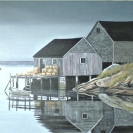 Janet Glatz: 'Peggys Cove Nova Scotia', 2020 Oil Painting, Seascape. Artist Description: Peggy s Cove is an iconic location in Nova Scotia and one that can have many different aspects.  Here you see what seems like a lonely location, but if you turn around, you see lots of fishing shacks, boats, and other buildings.  ...