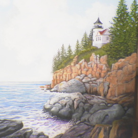 Janet Glatz: 'bass harbor head light acadia', 2020 Oil Painting, Seascape. Artist Description: The most famous lighthouse in Maine, Bass Harbor Light is many peoples  must do trip while on Mt. Desert Island, Maine. ...