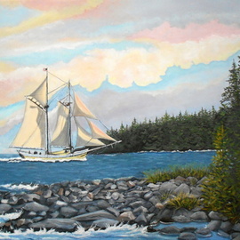 Janet Glatz: 'full sails', 2020 Oil Painting, Seascape. Artist Description: A two masted sailing ship carries tourists through a pass between an island and the mainland near Bar Harbor, Maine. ...