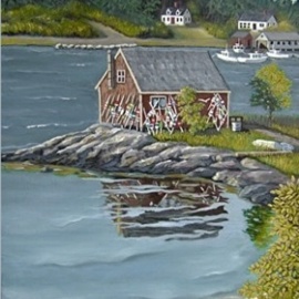 Janet Glatz: 'maine lobster shack', 2020 Oil Painting, Seascape. Artist Description: A typical lobster fishing shack on the coast of Maine, complete with old buoys hung on the exterior walls. ...