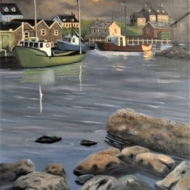 Janet Glatz: 'nova scotia dawn', 2020 Oil Painting, Seascape. Artist Description: A fishing village in Nova Scotia awakens to dawn light that shines on many lobster and fishing boats in the harbor. ...