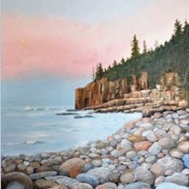 Janet Glatz: 'otter cliffs acadia', 2020 Oil Painting, Seascape. Artist Description: Water polished rocks, craggy cliffs, ocean waves, evergreens, Maine art, pastels, original oil painting...