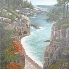 Janet Glatz: 'ravens nest acadia', 2020 Oil Painting, Seascape. Artist Description: Raven s Nest is a popular spot on one of Acadia s favorite hiking trails. From there you can see the rocky beach below and even a water- carved cave. ...
