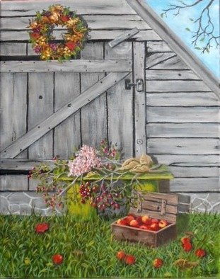 Janet Glatz: 'rustic shed', 2020 Oil Painting, Americana. Apple trees, baskets of fruit, and fall flowers enhance this country scene. ...