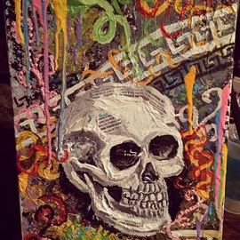 Jamie Boyatsis: 'afterlife', 2018 Mixed Media, Abstract. Artist Description: Using only materials that have been recycled, the canvas, oil and acrylic paint, cigar and cigarette wrappers all have found their afterlife in the artwork, while the content of a skull and tobacco products hinting at the potential cause of someoneaEURtms afterlife ...
