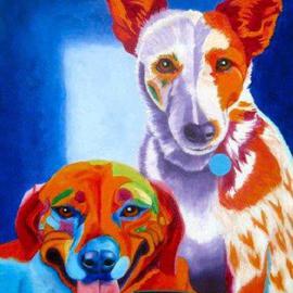 Joanne Deshong: 'Maggie and Sadie', 2004 Oil Painting, Dogs. Artist Description: A painting to capture the personalities of these two pets; the slightly crazed goofiness of maggie, the red dog, and the elegance of Sadie, the cow dog....