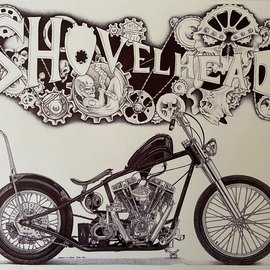 James Vickery: 'harley davidson shovelhead', 2020 Pen Drawing, Motorcycle. Artist Description: Original pen drawing of a Harley Davidson Shovelhead done with ballpoint pen...