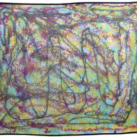 Jean Judd: 'abstract textures 3 3', 2023 Mixed Media, Abstract. Artist Description: Abstract Textures 3. 3 continues the spiral design form in larger repeats than found in the earlier pieces of this series. Whole cloth construction with hand applied dyes from condiment bottles, created the ground for the artwork. Bright tones of yellow, fuchsia, purple, turquoise, and muted black are ...