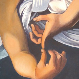 Jean Meyer: 'San Matteo and the Angel by Caravaggio detail', 2003 Acrylic Painting, Other. Artist Description:  hands, angel, saint, detail  ...