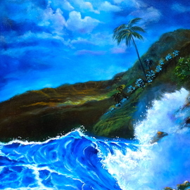 Jenny Jonah: 'moonlit hawaiian night', 2019 Oil Painting, Seascape. Artist Description: Original oil painting on stretched canvas.  Moonlight reflections bounce off water and mountain details. ...