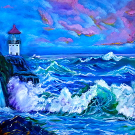 Jenny Jonah: 'tropical lighthouse', 2020 Oil Painting, Seascape. Artist Description: Original oil painting on stretched canvas.  Unframed.  Crashing waves in blue and soft violet come to shore in this colorful seascape. ...