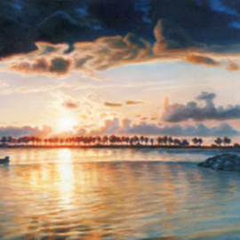 Jerry Maloney: 'Fish and Fire', 2010 Oil Painting, Seascape. Artist Description: The sun is setting over Howard Park beach creating firey reflections on the blue water.  Two fishermen are trolling for sea trout as they watch mother natures spectacular display.  Is it possible for the fish to be cooked as they catch them...