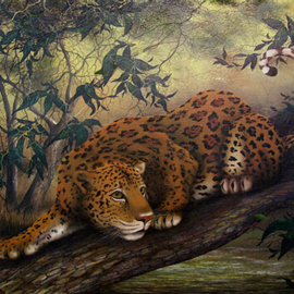 Jerry Sauls: 'Jungle Cat', 2005 Oil Painting, Wildlife. Artist Description:  'Jungle Cat' catches a large Jaguar perched on a tree limb and ready for action.  The atmosphere in the jungle is a bit eerie with the rays of sunlight trying to find their way through the thick vegetation. ...