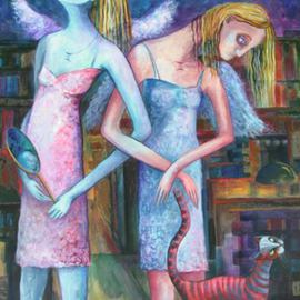 Elisheva Nesis: 'ANGELS OF ZODIAC GEMINI THE TWINS', 2010 Acrylic Painting, Mythology. Artist Description:  The series of original paintings CATS  ANGELS of JERUSALEM is dedicated to the cooperation of the cats aEUR
