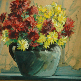 Judith Fritchman: 'Chrysanthemums in the Window', 1971 Other Painting, Still Life. Artist Description:  A crock of chrysanthemums on a sunny window sill. ...