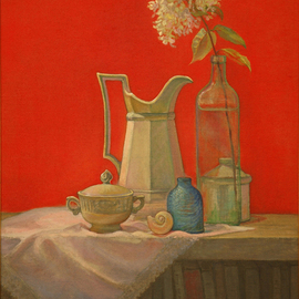 Judith Fritchman: 'Favorite Things', 2006 Oil Painting, Still Life. Artist Description:  Still life with pitcher and white hydrangea. ...