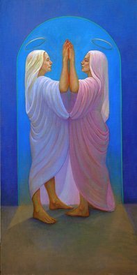 Judith Fritchman: 'The Visitation', 2008 Oil Painting, Biblical.  A popular theme depicted by many artists, as far back as Giotto in 1302, tells the story told in Luke 1: 39- 45 of the visit of Mary with her cousin, Elizabeth.After being told by the angel, Gabriel, of her pregnancy and the impending birth of Jesus, Mary is...