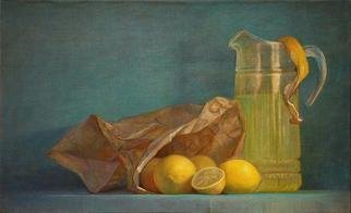 Judith Fritchman: 'When Life Gives You Lemons', 2012 Oil Painting, Still Life.    A pitcher of lemonade is displayed next to a paper bag full of lemons. ...