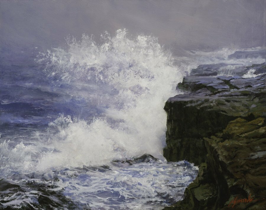 John Gamache: 'Storm Off Prince Edward Isle', 2016 Oil Painting, Seascape.  Oil on Linen - Storm waves crashing on rock ledges on Maine Coast ...
