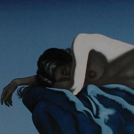 James Gwynne: 'Asleep', 1996 Oil Painting, nudes. Artist Description: Upper torso of a sleeping nude on a blue drape spotlighted for dramatic contrast....