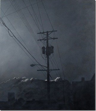 Artist: James Gwynne - Title: Evening Fog with Telephone Pole - Medium: Oil Painting - Year: 2012