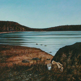 James Gwynne: 'Lake With Six Pack', 1988 Oil Painting, Landscape. Artist Description: A tranquil lake scene with evidence of visitors....