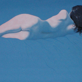 James Gwynne: 'Reclining Nude', 1988 Oil Painting, nudes. Artist Description: Reclining model in simplified blue setting...