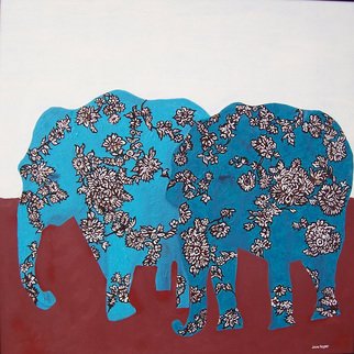 Jaime Hesper: 'Leaving the Matriarch', 2006 Oil Painting, Abstract Figurative.  inspired by fabric prints. floral ivory, brown, and turquoise elephants on brick red and ivory background. Oil on hardboard with black metal frame. ...