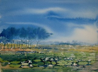 Jiaur Rahman: 'Landscape', 2012 Watercolor, Landscape.     watercolour, fishermen, india, field, lotus   ...