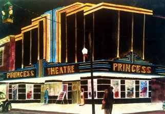 Don Bradford: '1947 saturday Night at the Princess', 2002 Watercolor, Cityscape.              Art Deco in our town.  ...