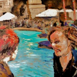 James Bones: 'girls sat by pool', 2018 Oil Painting, Cityscape. Artist Description: Girls enjoying a laugh in trafalgar square london...
