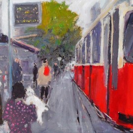 James Bones: 'vienna tram stop', 2018 Oil Painting, Culture. Artist Description: View of  tram stop in vienna with girl and dog...