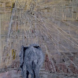 Jim Lively: 'Elephant Crossing the Calatrava Bridge', 2014 Other, Abstract Figurative. Artist Description:   Pinot Noir Wine, Newspaper and Acrylic on panel. Part of The Red Wine series                                                                    ...