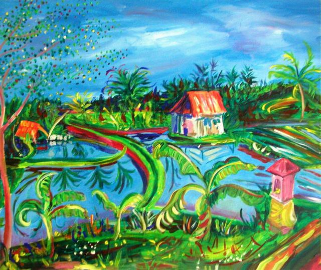 Artist Jeanie Merila. 'Ubud Rice Padi And Shrine' Artwork Image, Created in 2003, Original Watercolor. #art #artist