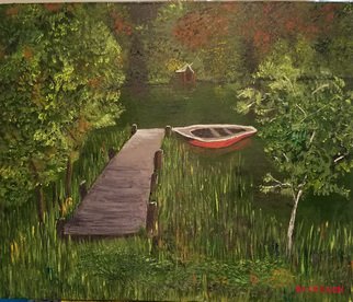 Jo Allebach: 'boat dock', 2019 Acrylic Painting, Children. The boat is tied up to the end of the dock waiting for you to come take it for a ride. This summer green New Englad lake is cool and eager to bring peace to your mind. ...