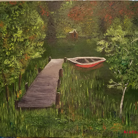 Jo Allebach: 'boat dock', 2019 Acrylic Painting, Children. Artist Description: The boat is tied up to the end of the dock waiting for you to come take it for a ride. This summer green New Englad lake is cool and eager to bring peace to your mind. ...