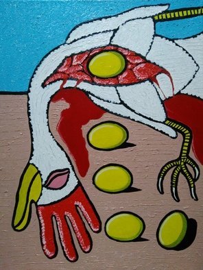 Fernando Javier  Cantera: 'the golden eggs chicken', 2015 Oil Painting, Fantasy. THIS PICTURE IS INSPIRED IN A WORK OF PICASSO. SHOWS A CHICKEN THAT WAS KILLED BY THE MAN, TO FIND OUT HOW IT PUTS THE GOLDEN EGGS.  THE HAND- SHAPE HEAD MEANS THE HAND OF THE KILLER  OILS ON STRETCHED CANVAS, 40X50CMS, VARNISHED, UNFRAMED. ...
