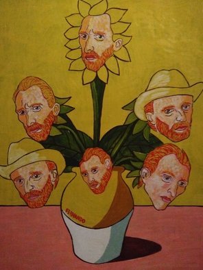 Fernando Javier  Cantera: 'yellow obsession', 2018 Oil Painting, Fantasy. THIS PICTURE IS A HOMAGE TO VINCENT VAN.  SHOWS THE OBSESSION OF VAN GOGH FOR THE SUNFLOWERS TO THE EXTEND THAT HE SEES HIS FACE IN EACH SUNFLOWER AS A PORTRAIT IN A YELLOW BACKGROUND.  OALS ON HARDBOARD, 50X70 CMS, 4 MM THICK, VARNISHED, UNFRAMED.  JUST THE PAINTING FRAMING ...