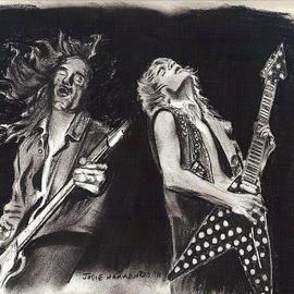 Jodie Hammonds: 'Rock Alive in Heaven', 2012 Charcoal Drawing, Portrait. Artist Description:  Randy Rhodes of Ozzy Osborne and Cliff Burton of Metallica jamming together    ...