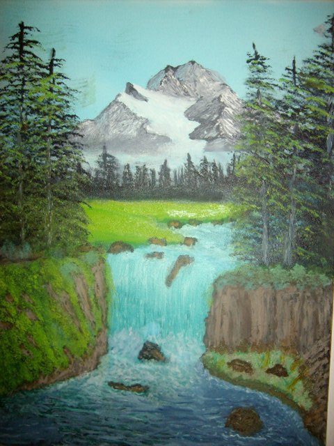 John Hughes  'Mountain Waterfall', created in 2016, Original Painting Oil.